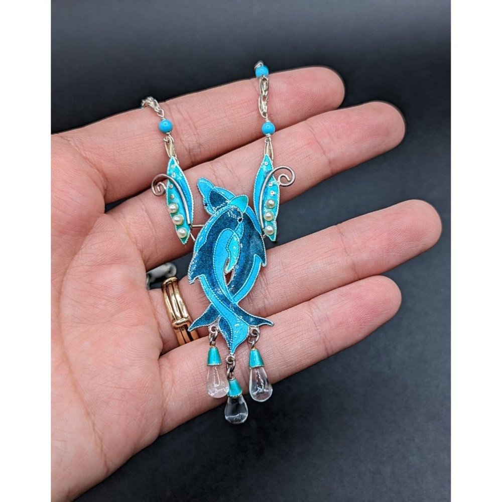 Sterling Silver 925 Aqua Blue Enamel Dolphins Ocean Animal Dangle Necklace